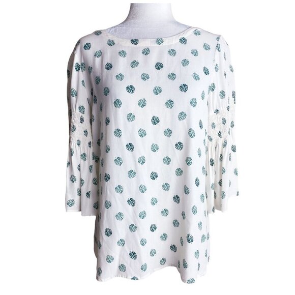 LOFT Lightweight Monstera Leaf Print Boho Flared Sleeve Blouse Women's Sz XS - Picture 2 of 10